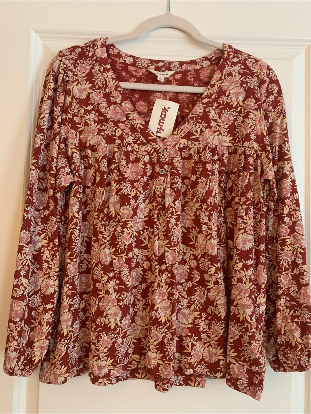 Lucky Brand Rust Floral V-Neck Peasant Tunic